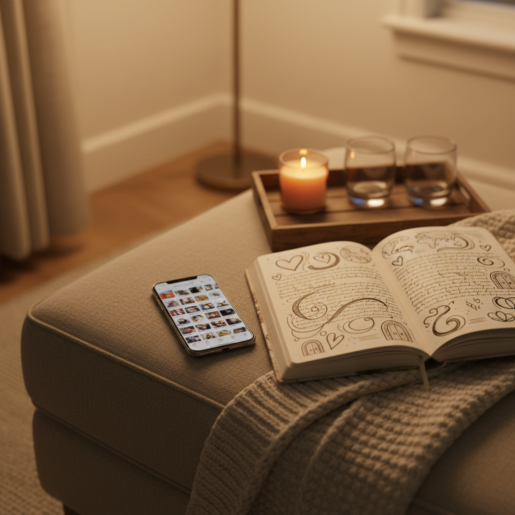 An open linen-covered journal resting on a cozy living room ottoman, its pages filled with handwritten dating stories represented by swirling, abstract ink lines and playful doodles of hearts, maps, and tiny doors. Beside it, a smartphone displays a blurred dating profile grid, suggesting an endless sea of matches. A soft knitted throw drapes over the edge of the ottoman, and a small candle flickers in the background atop a wooden tray with two empty glasses. Warm lamplight creates a gentle, intimate glow, with subtle shadows in the corners. Shot from a slightly elevated angle in photographic realism, the composition uses rule of thirds to emphasize the journal as a safe, supportive space for sharing real dating experiences.