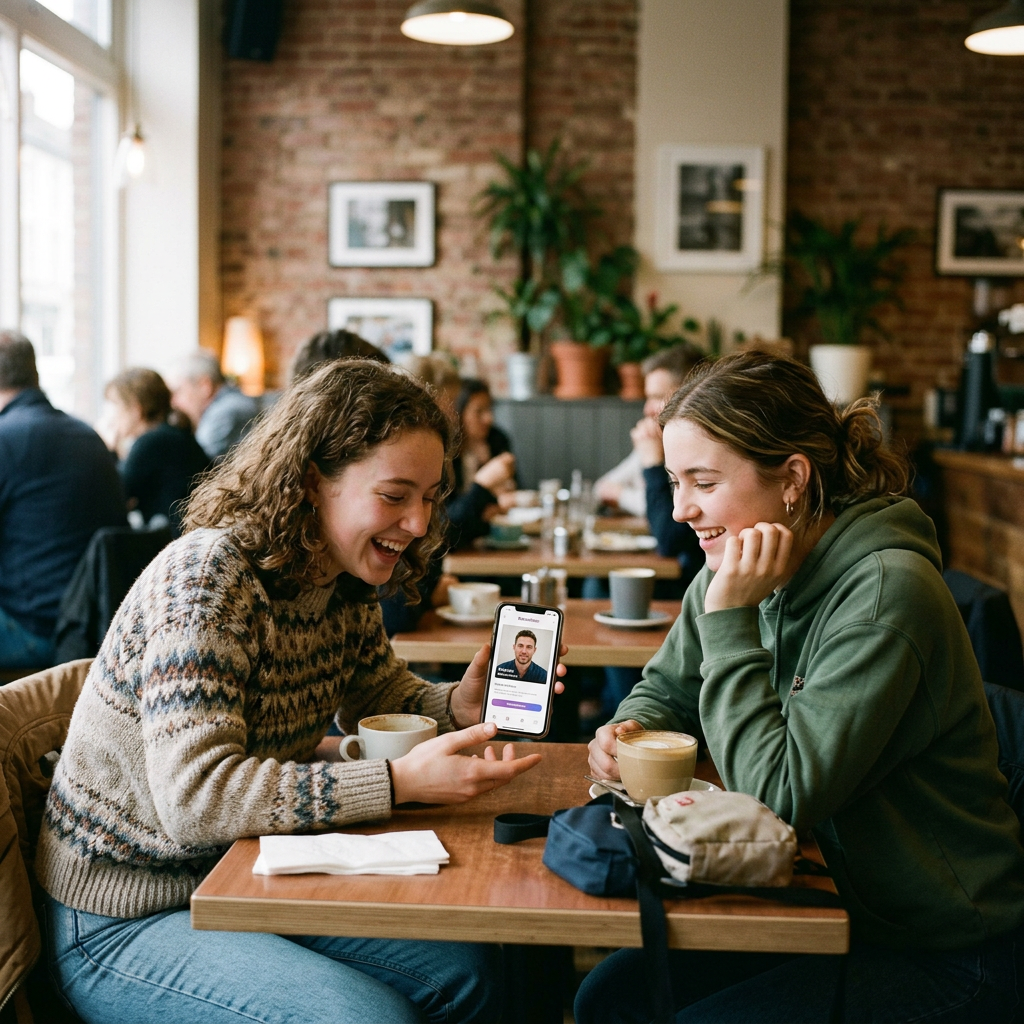 Two women sitting at a cafe table, one showing a mobile phone screen to the other, both smiling.